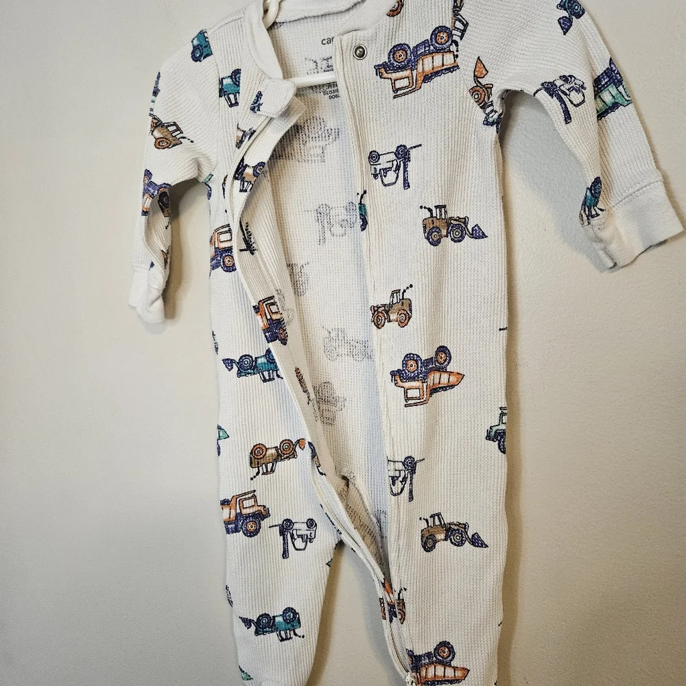 Carter's Baby Car 2-Way Zip Waffle Knit Sleep & Play Pajamas Ivory Vehicles
